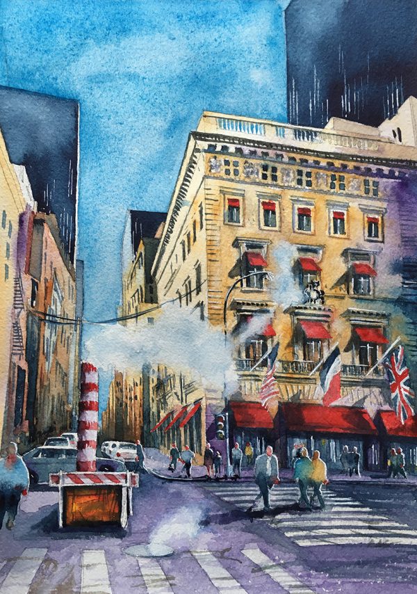 Watercolour of Cartier store in 5th Avenue, New York